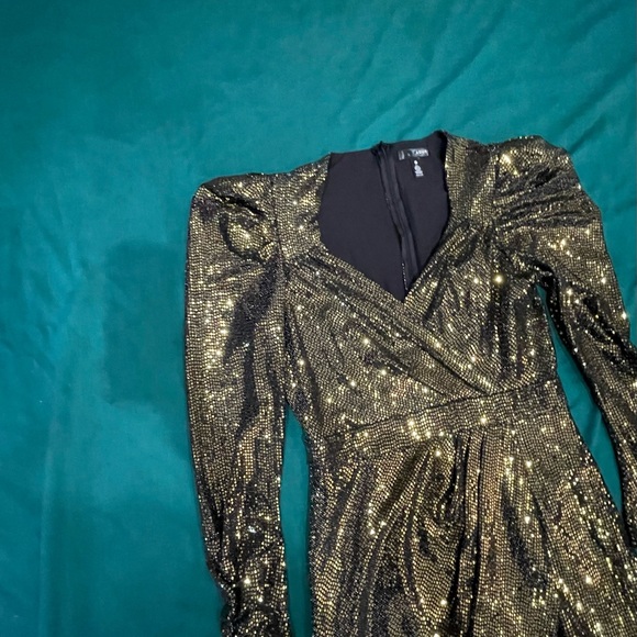 gold sequin long sleeve wrap dress Gold Sequin Draped Sleeve V-Neck Gown main image 1